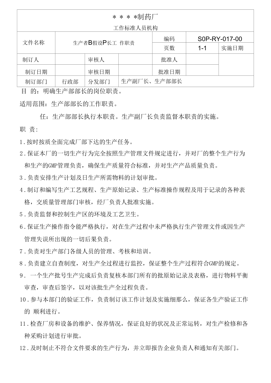 药品GMP文件生产部部长工作职责.docx_第1页