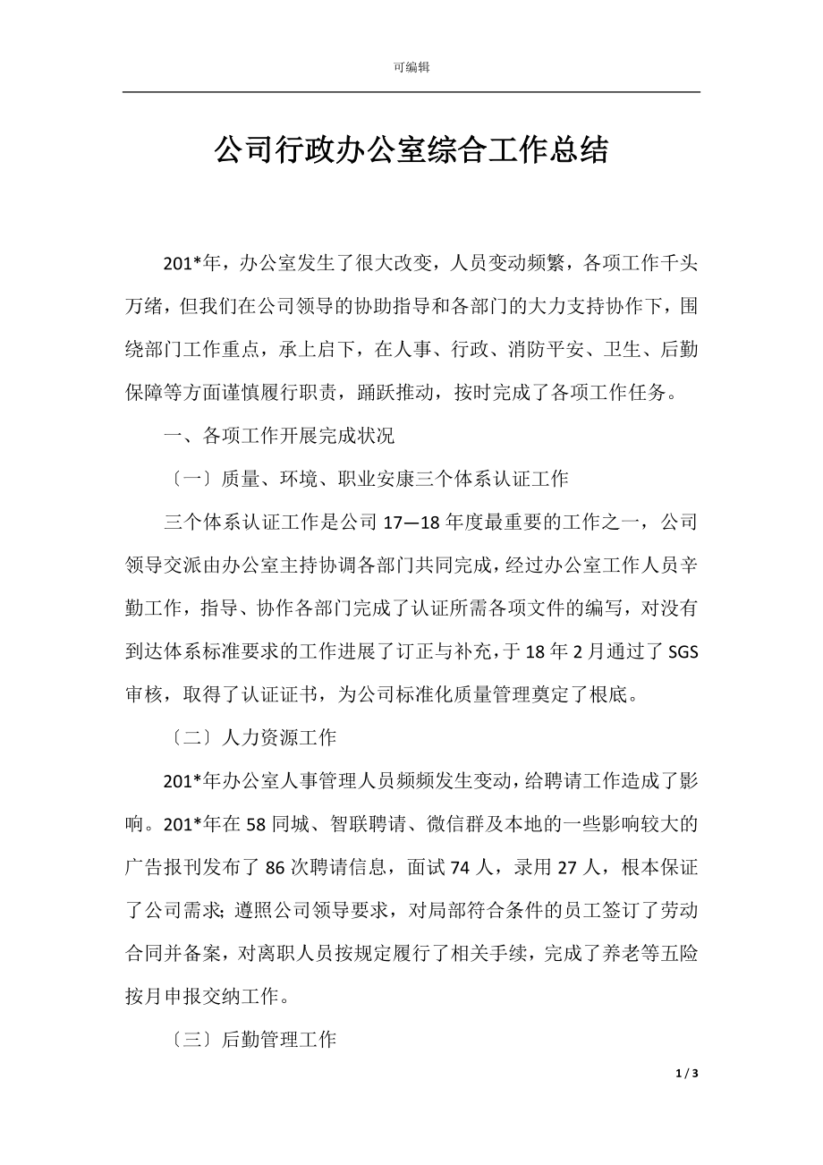 公司行政办公室综合工作总结.docx_第1页