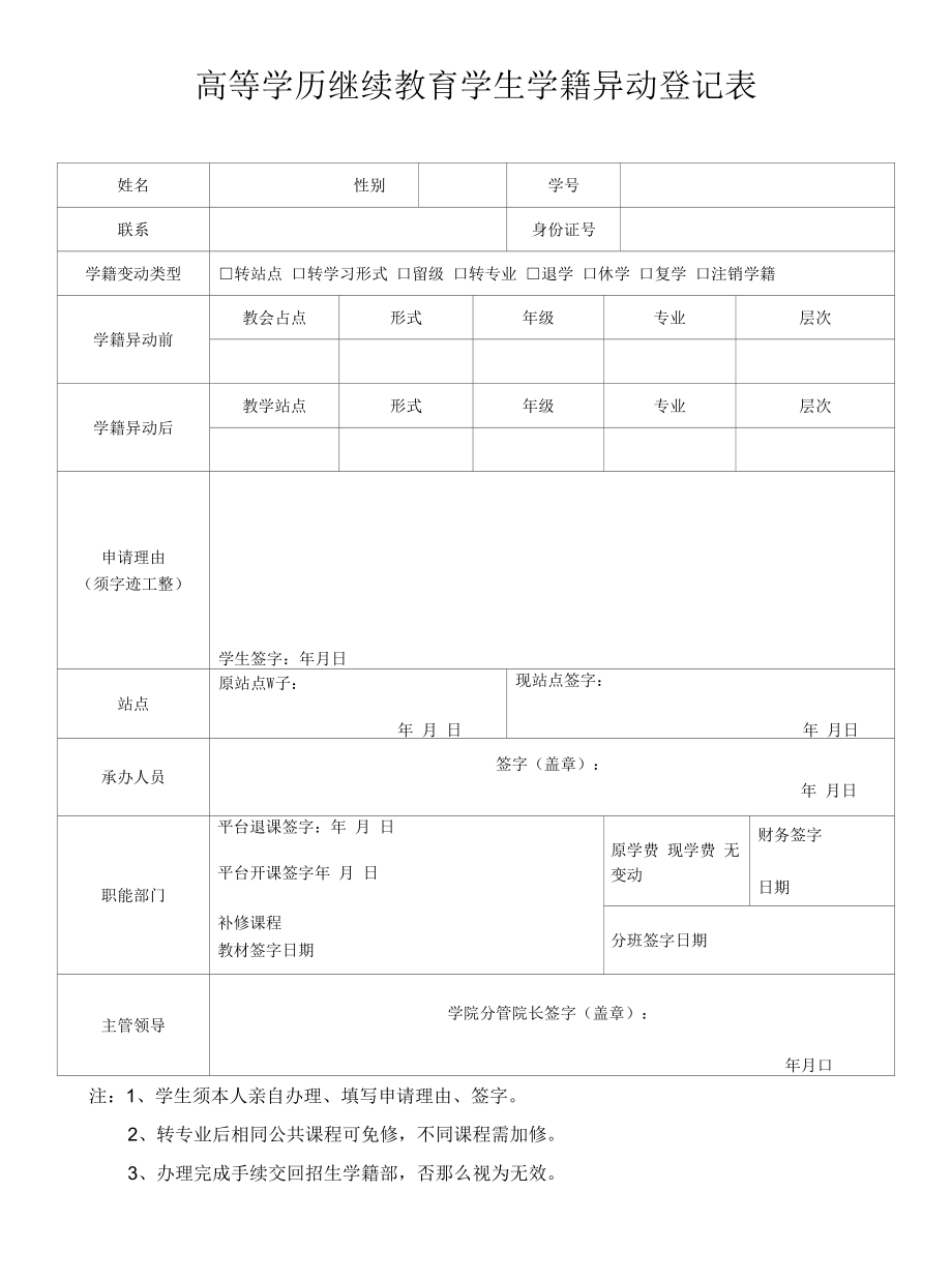 高等学历继续教育学生学籍异动登记表.docx_第1页