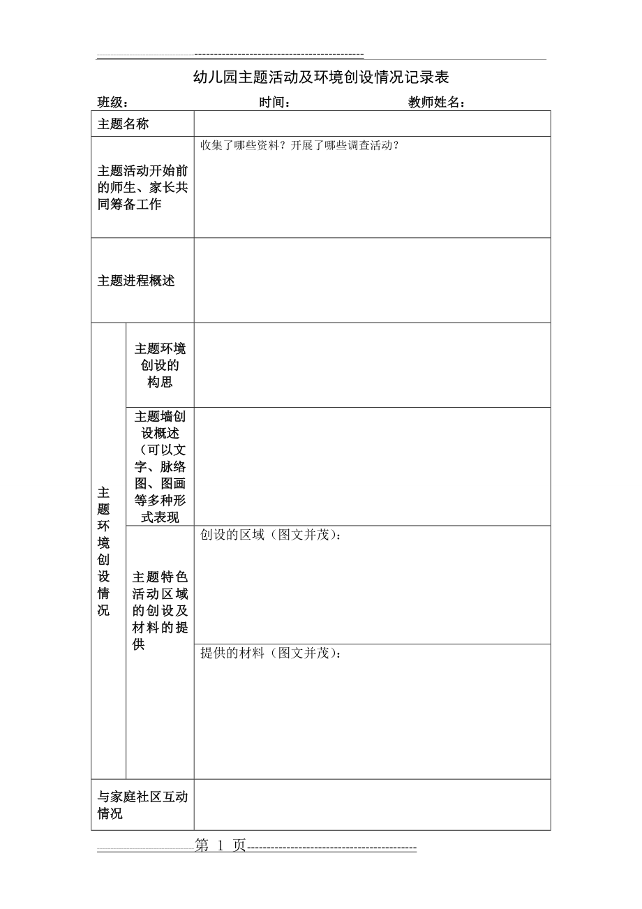 幼儿园班级主题活动及环境创设情况记录表(5页).doc_第1页