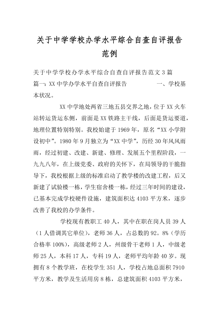 关于中学学校办学水平综合自查自评报告范例.docx_第1页