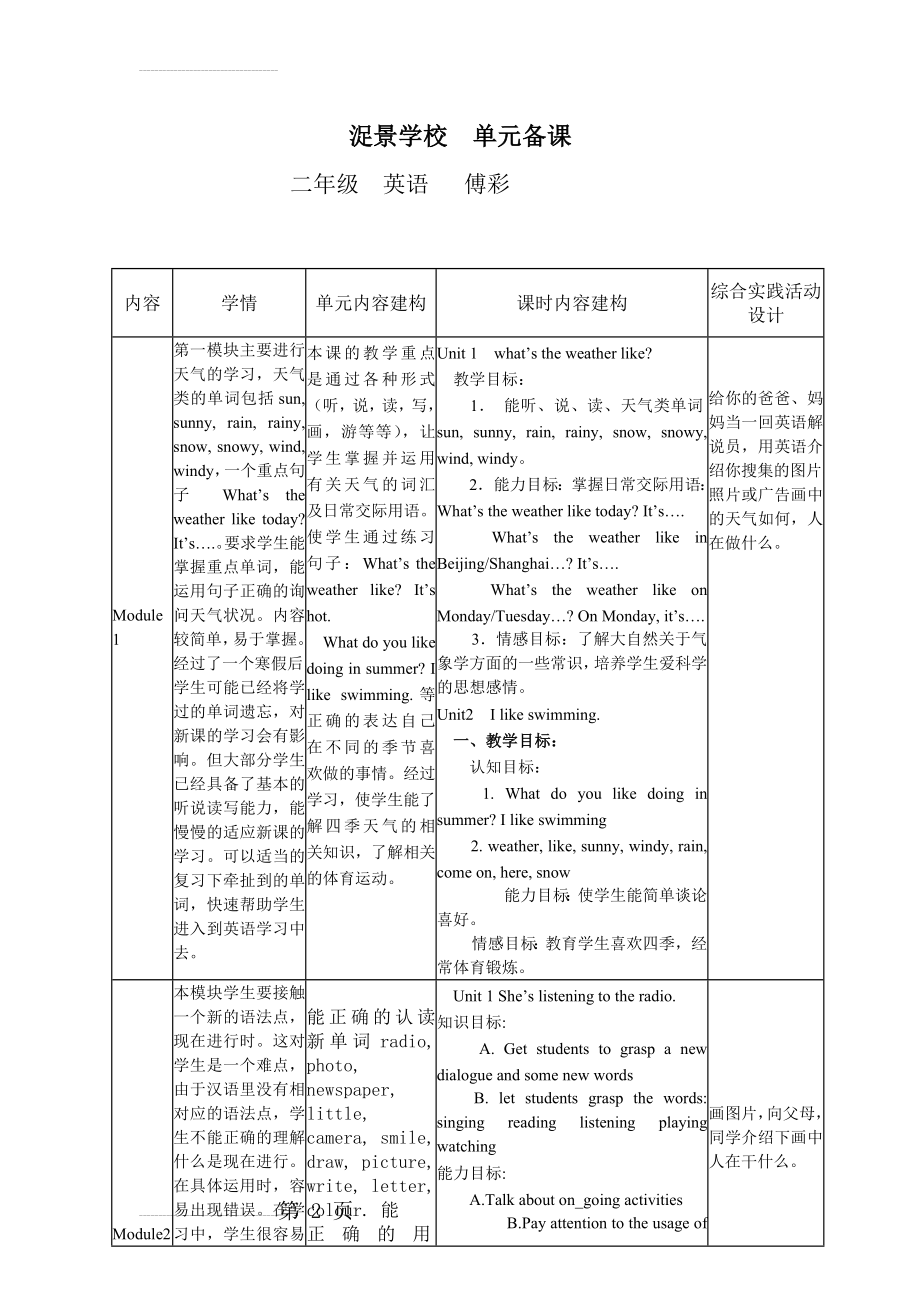 外研社一起点二年级英语下册 单元备课(9页).doc_第2页