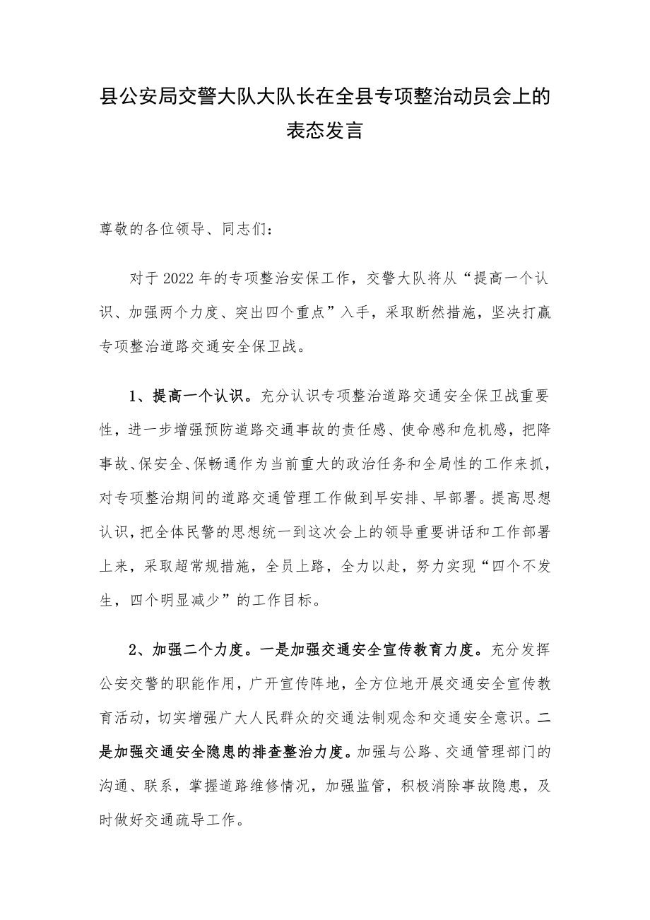 县公安局交警大队大队长在全县专项整治动员会上的表态发言.docx_第1页