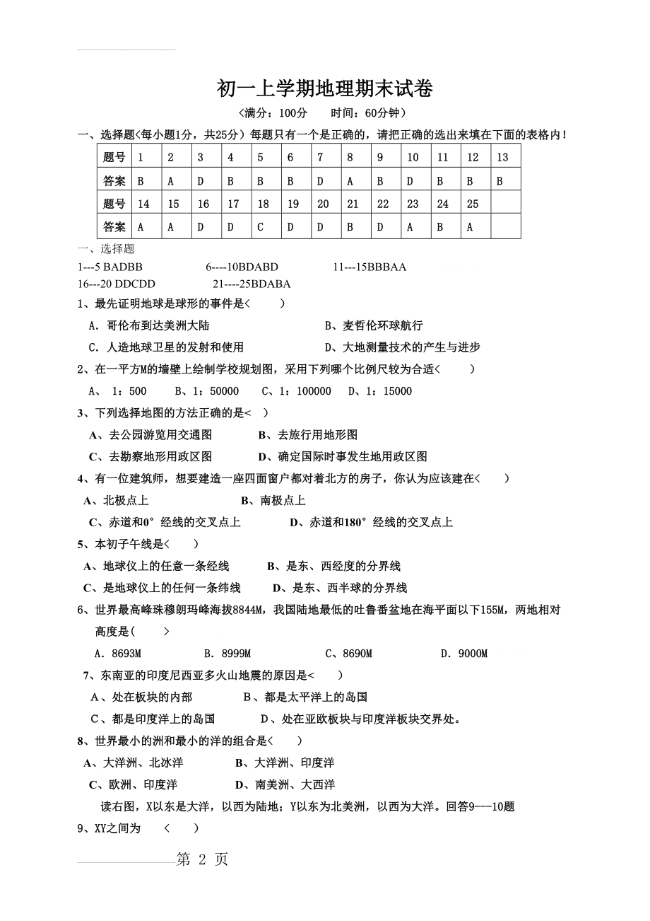 地理初一上册期末考试试题及答案(6页).doc_第2页