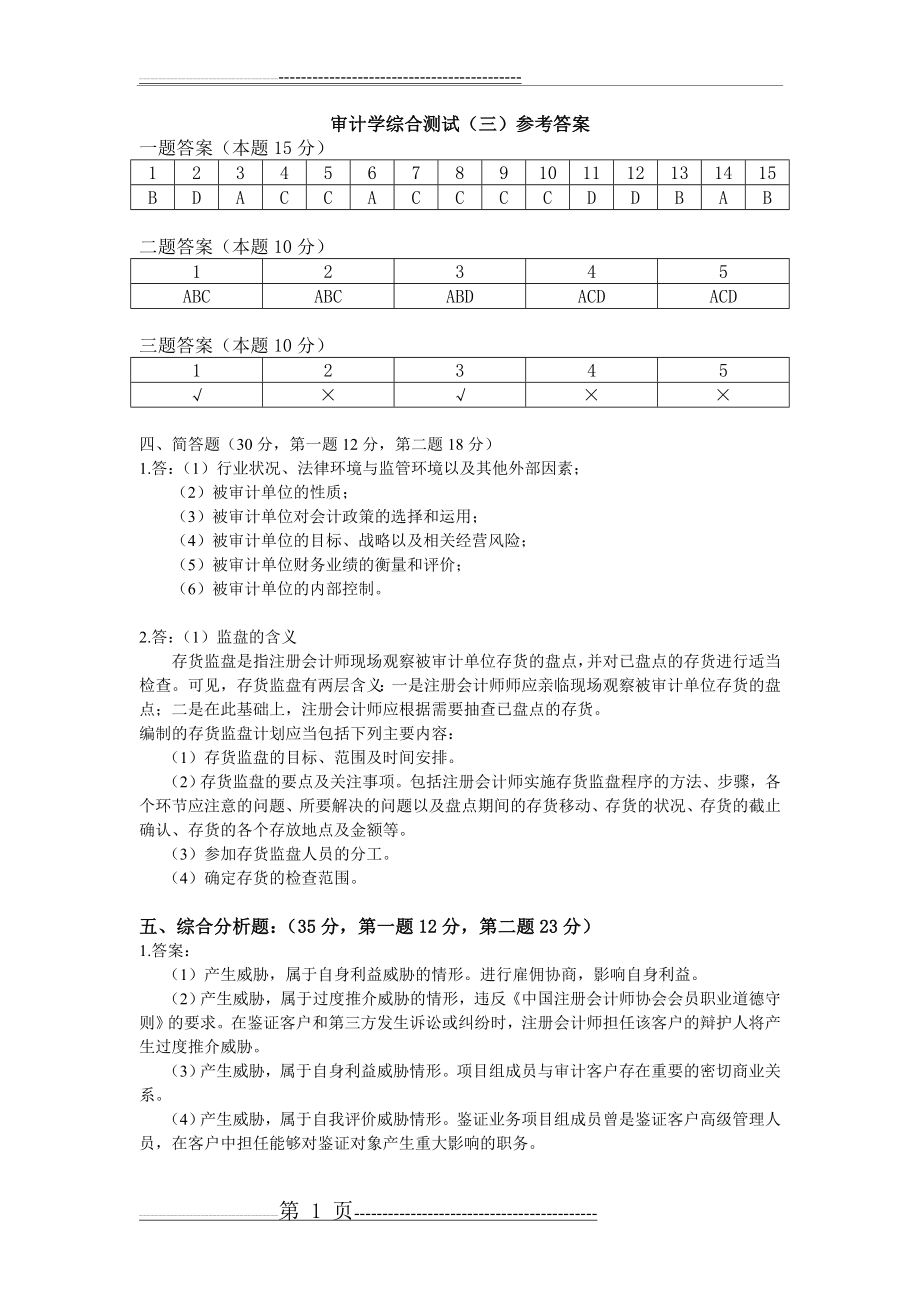 审计学综合测试(三)答案(2页).doc_第1页