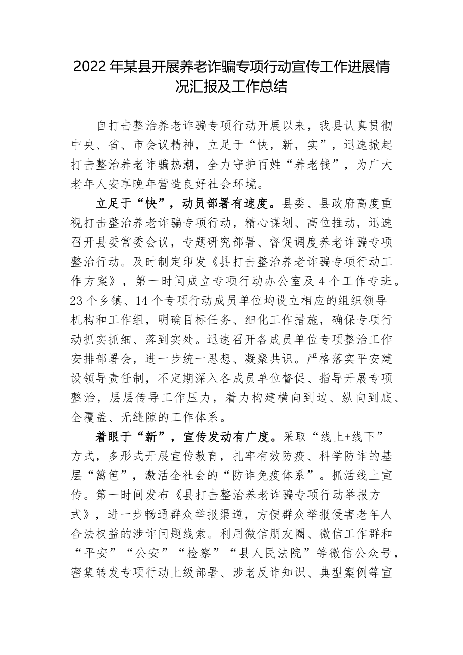 2022年某县开展养老诈骗专项行动宣传工作进展情况总结报告.docx_第1页