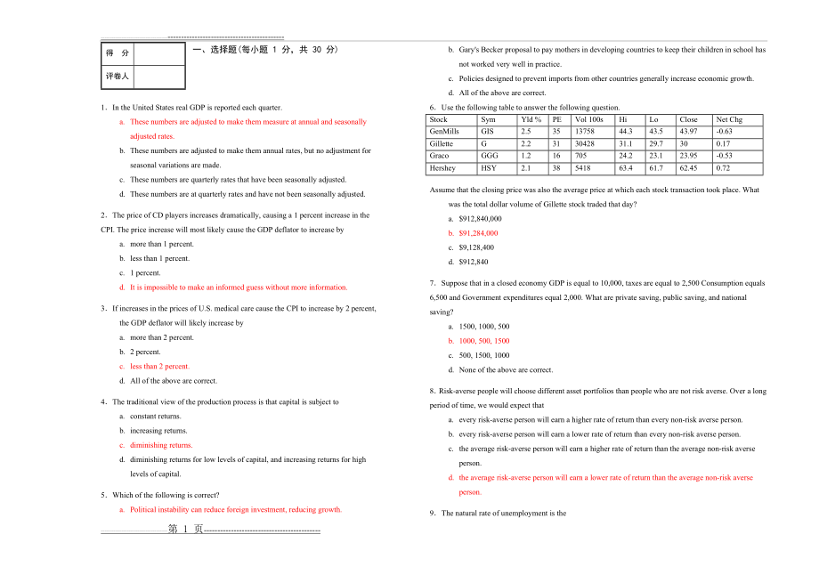 宏观经济学期末考试试卷2(附答案)(10页).doc_第1页