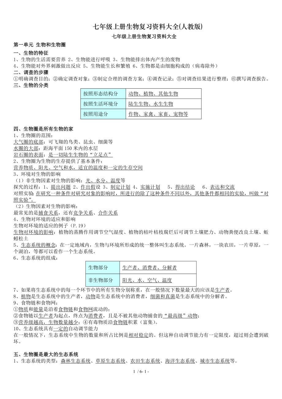 七年级上册生物复习资料大全人教版.doc_第1页