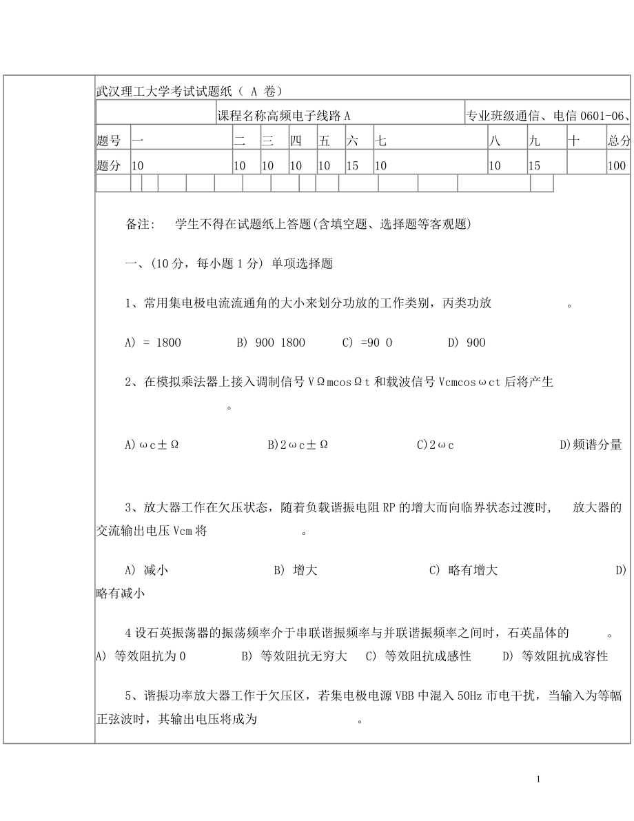 武汉理工大学_高频电子线路考试试题(A_卷).doc_第1页