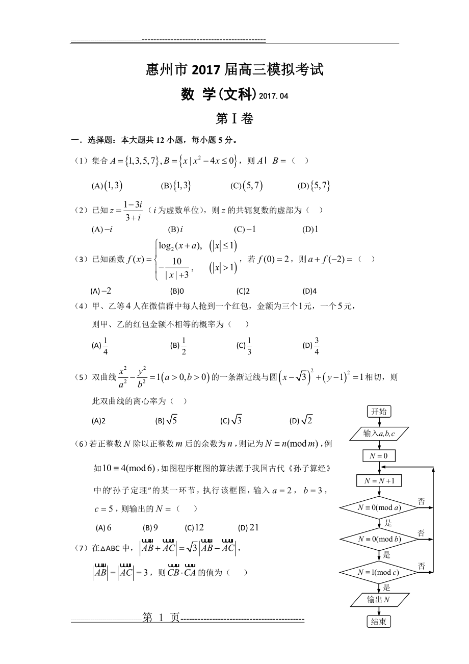 广东省惠州市2017届高三4月模拟考试数学文试题含解析(12页).doc_第1页