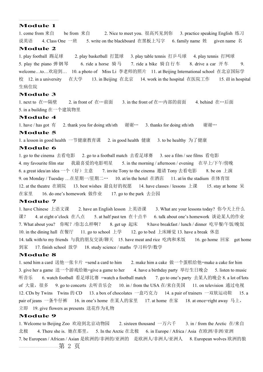 外研版初中英语全部词组整理(18页).doc_第2页