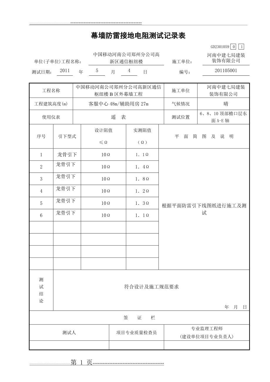 幕墙防雷接地电阻测试记录表新(9页).doc_第1页