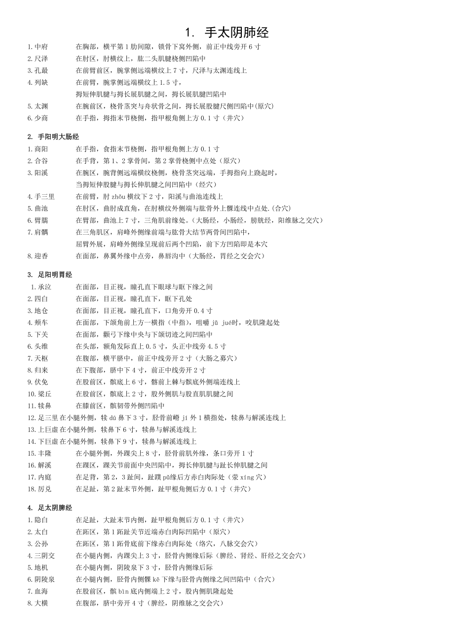 中医学院十二经脉重点穴位取穴及循行图.doc_第1页