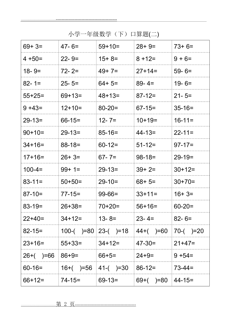 小学一年级下学期数学口算天天练(18页)(18页).doc_第2页