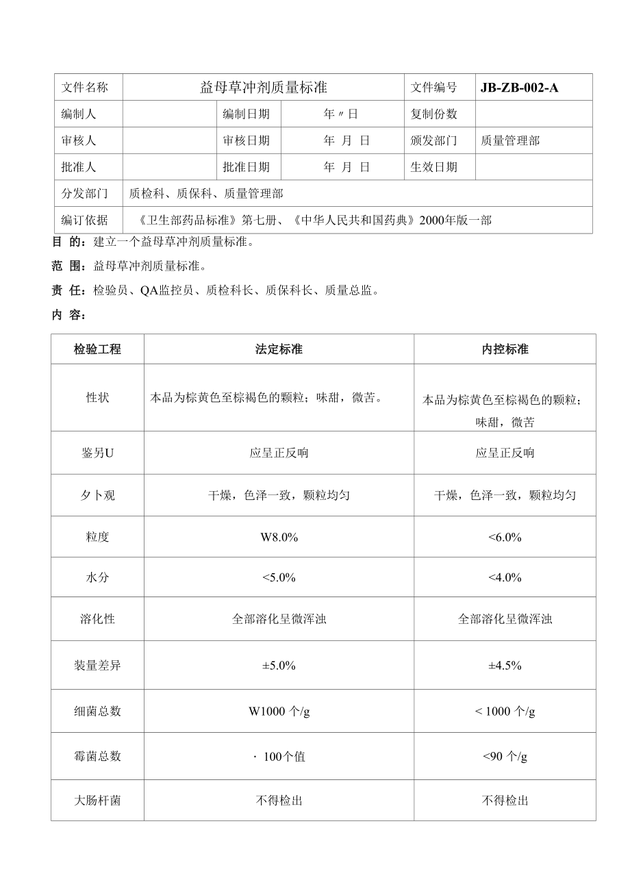 药品GMP文件 02益母草冲剂质量标准.docx_第1页