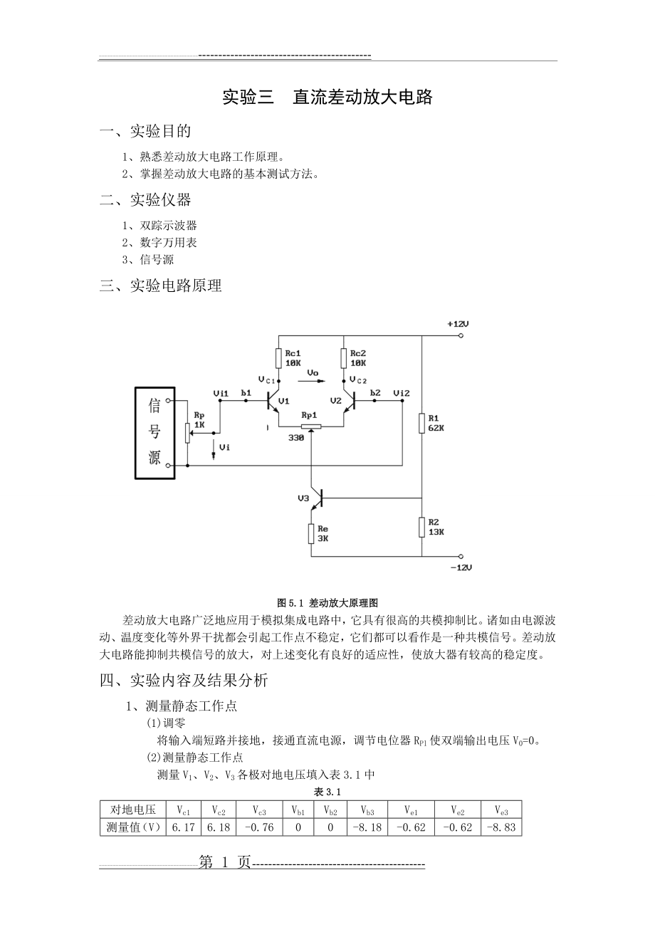 实验三直流差动放大电路(有数据)(3页).doc_第1页