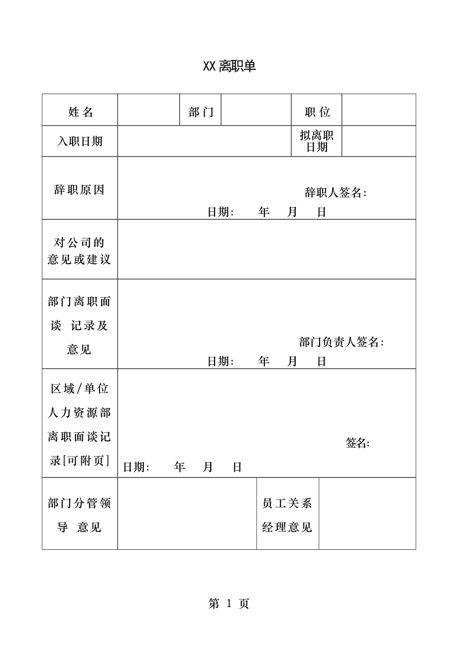 离职单表格全.docx_第1页