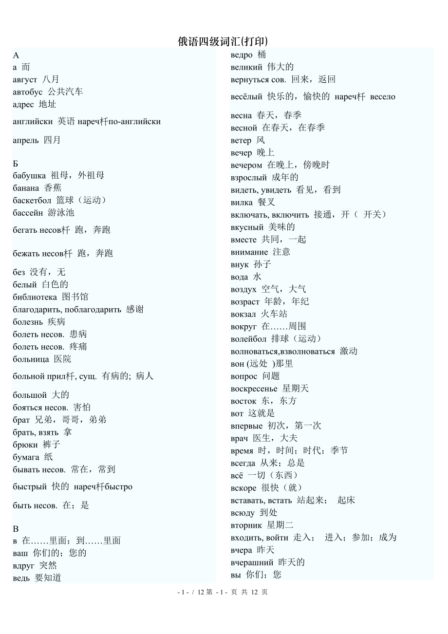 俄语四级词汇打印.doc_第1页