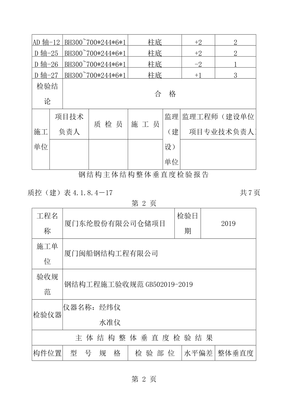 钢结构主体结构整体垂直度检验报告[1].doc_第2页