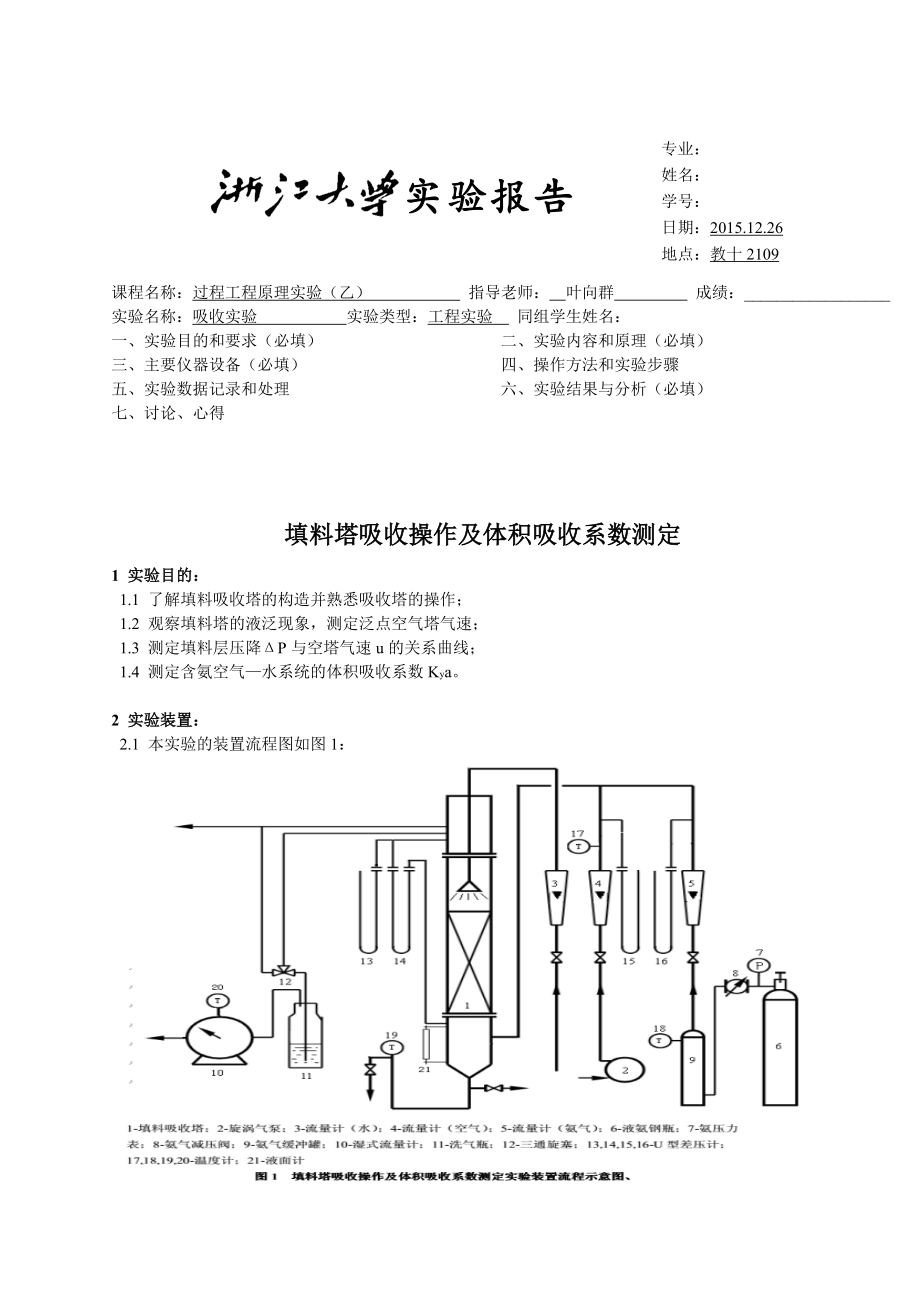 浙江大学化工原理实验---填料塔吸收实验报告资料.doc_第1页