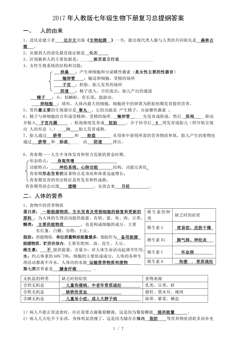 人教版七年级生物下册复习提纲填空带复习资料.doc_第1页