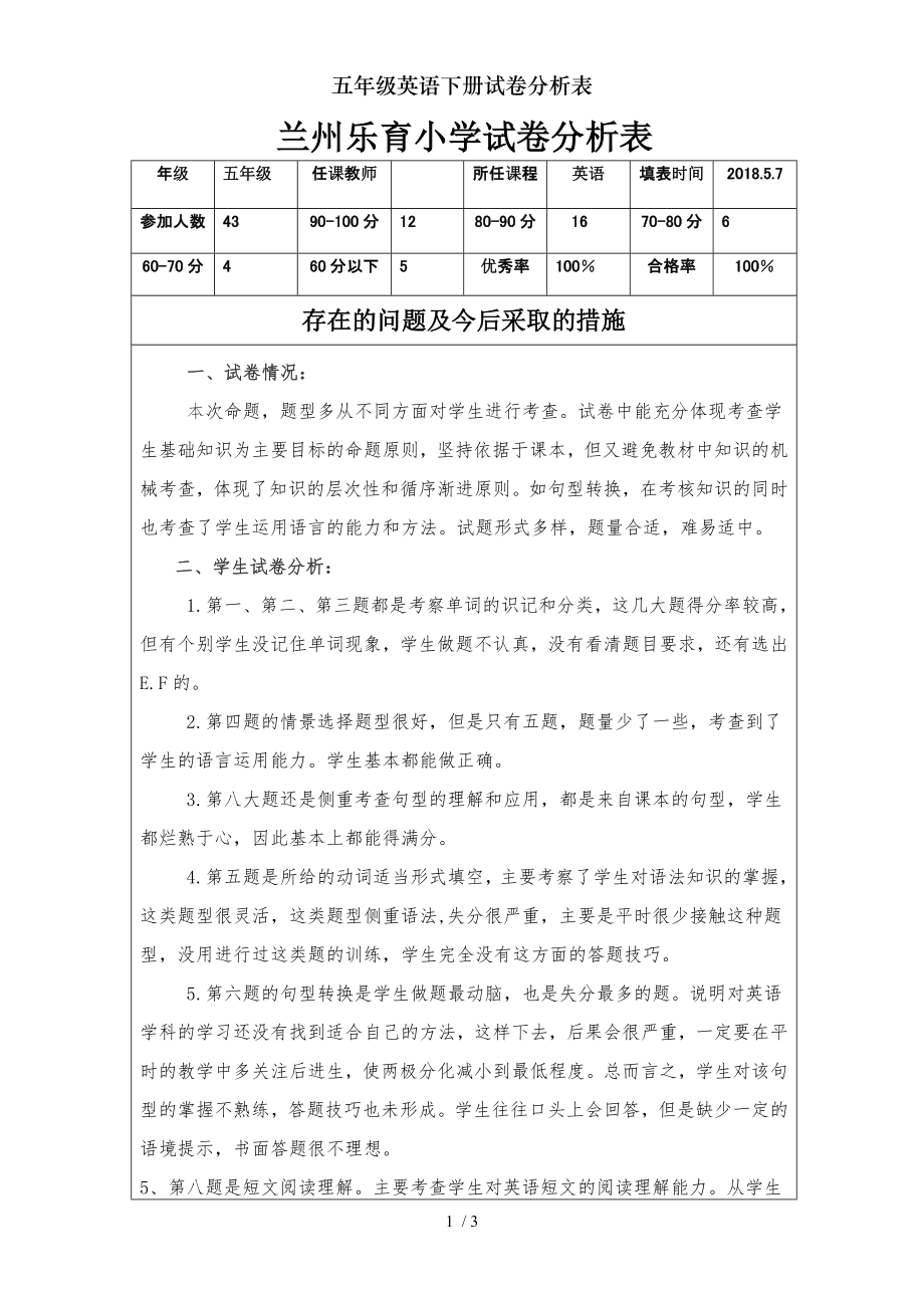 五年级英语下册试卷分析表.doc_第1页