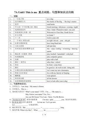 牛津译林版七年级英语上册Unit1 This is me 重点词组句型和知识点归纳复习案.doc