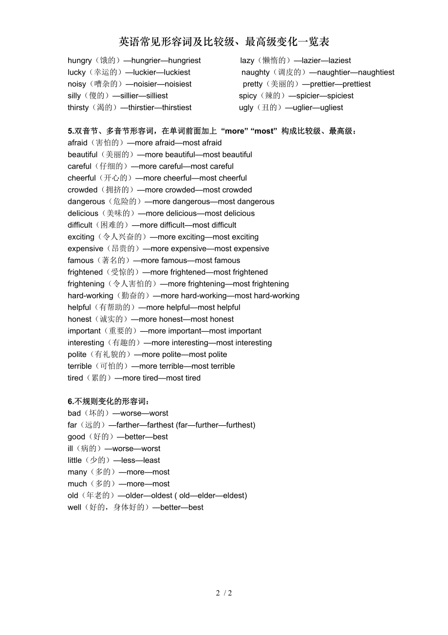 英语常见形容词及比较级最高级变化一览表.doc_第2页