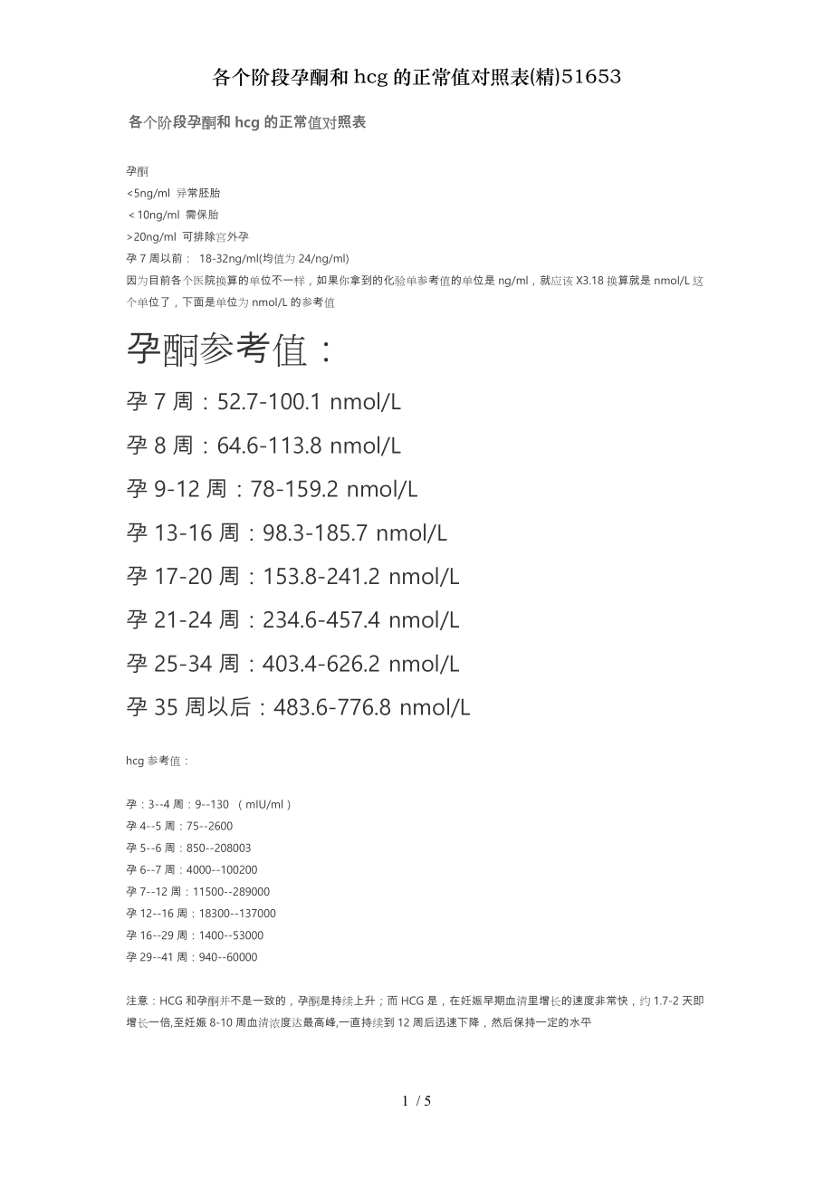 各个阶段孕酮和hcg的正常值对照表精51653.doc_第1页