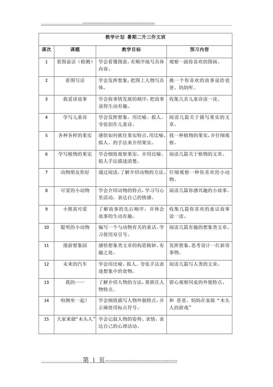 教学计划 暑期二升三作文班(1页).doc_第1页