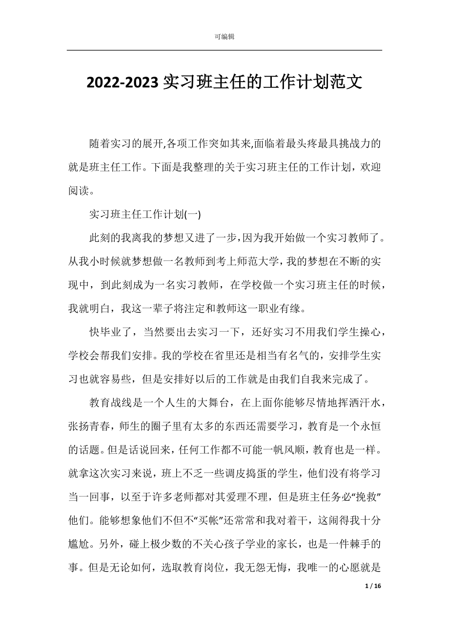 2022-2023实习班主任的工作计划范文.docx_第1页