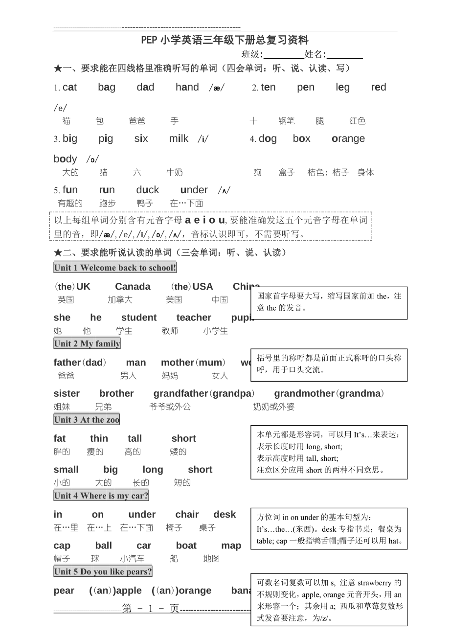 新PEP2小学英语三年级下册总复习资料(5页).doc_第1页