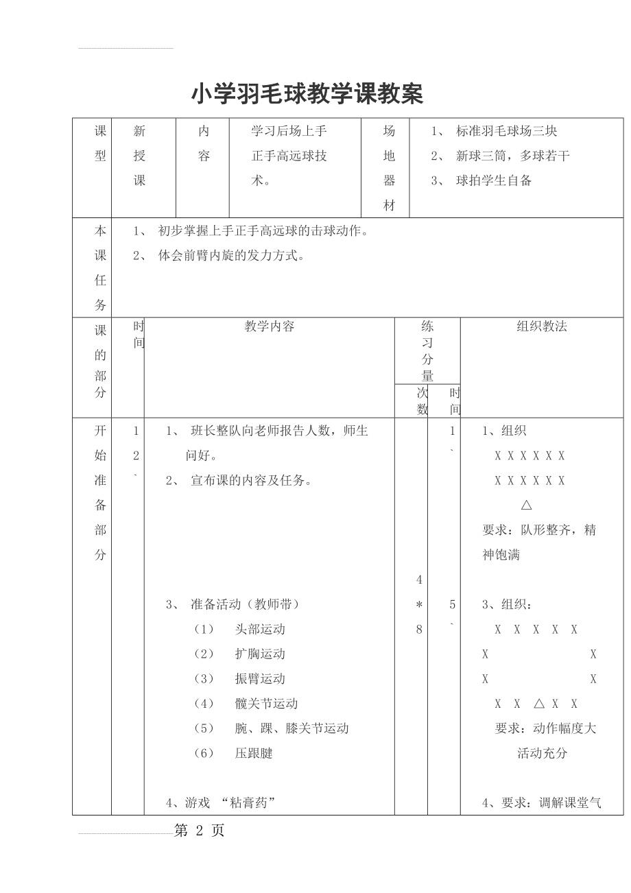 小学羽毛球教学课教案(5页).doc_第2页