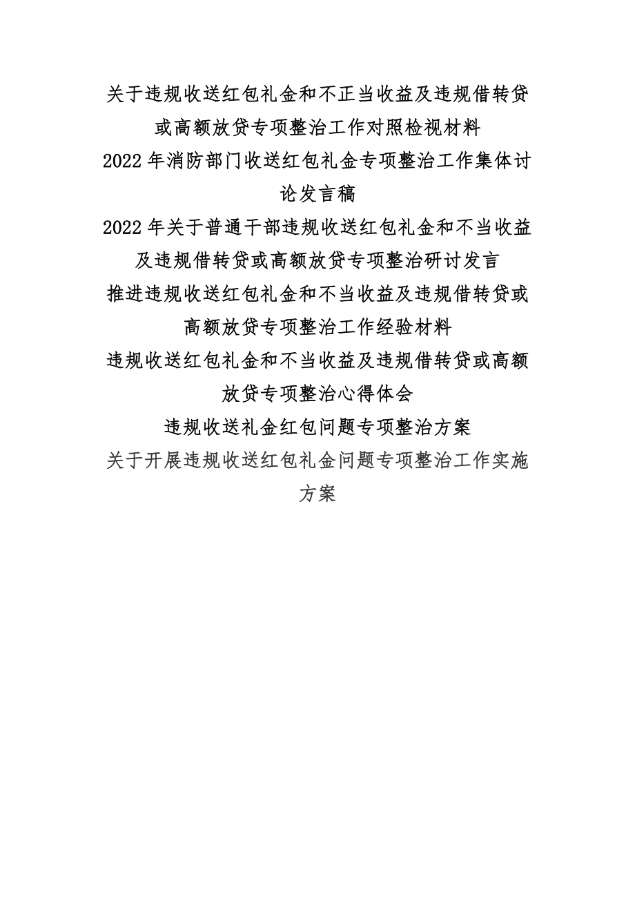 【6篇】关于推进违规收送红包礼金和不当收益及违规借转贷或高额放贷专项整治工作对照检视材料、工作经验材料、心得体会、整治方案、发言稿汇编.docx_第1页