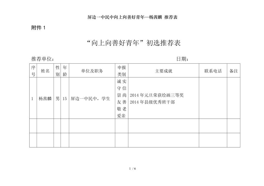 屏边一中民中向上向善好青年杨茜麟 推荐表.doc_第1页