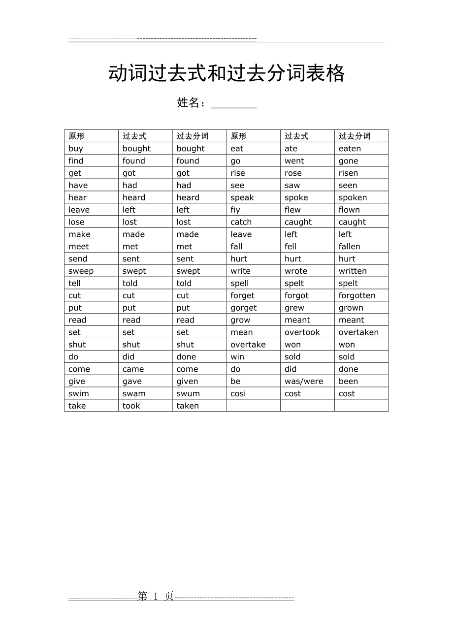 新概念英语第一册动词过去式和过去分词(1页).doc_第1页