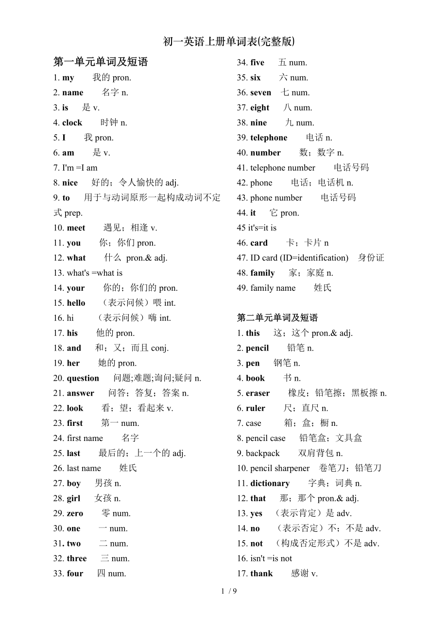 初一英语上册单词表完整版.doc_第1页