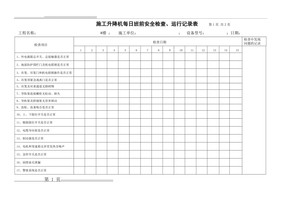 施工升降机日常运行检查记录表(3页).doc_第1页