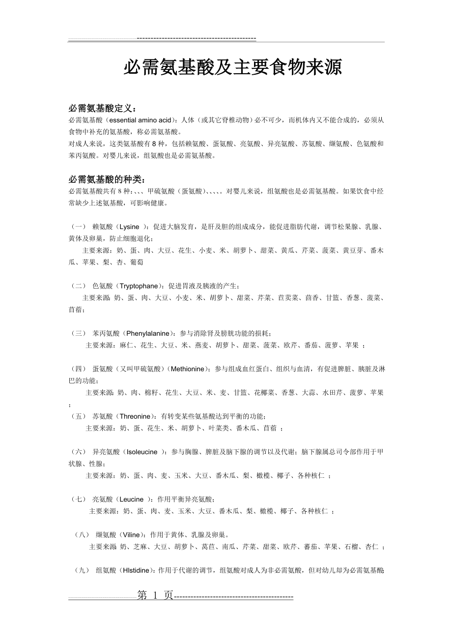 必需氨基酸及主要食物来源(3页).doc_第1页