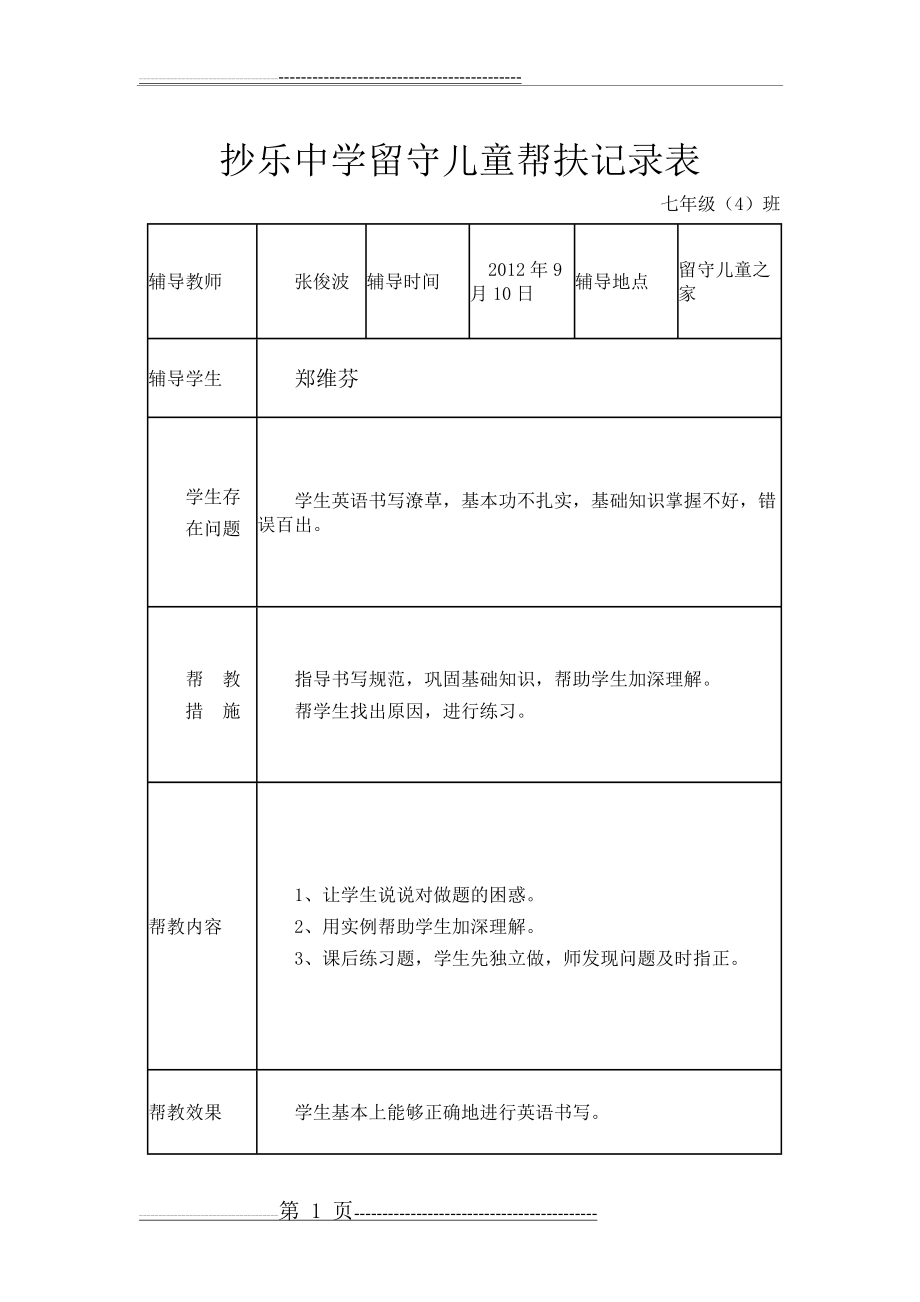 抄乐中学留守儿童帮扶记录表(6页).doc_第1页