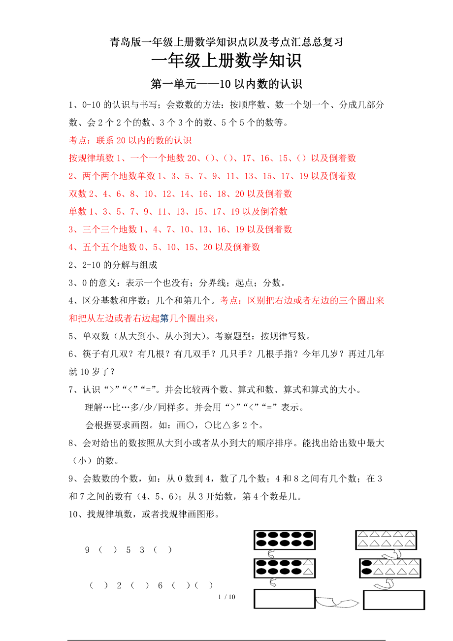 青岛版一年级上册数学知识点以及考点汇总总复习.doc_第1页