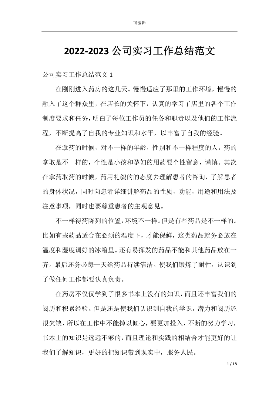 2022-2023公司实习工作总结范文.docx_第1页