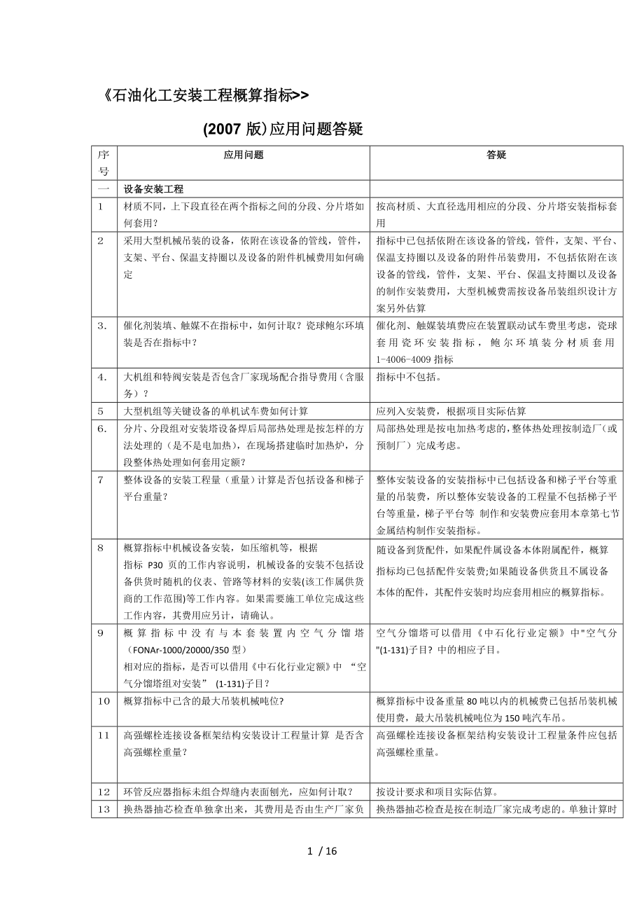 石油化工安装工程概算指标答疑.doc_第1页