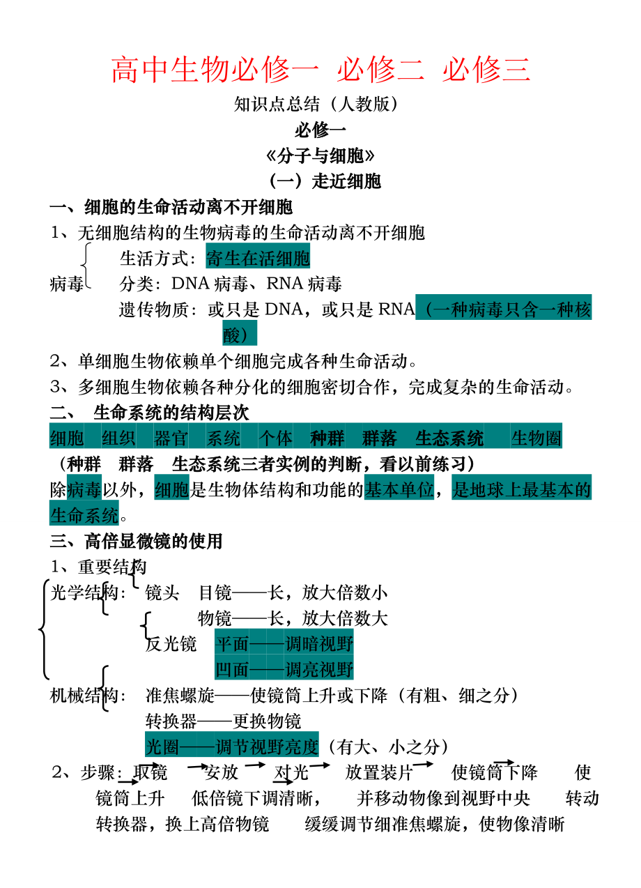 高中生物必修一必修二必修三知识点总结人教版.doc_第1页