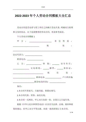 2022-2023年个人劳动合同模板大全汇总.docx