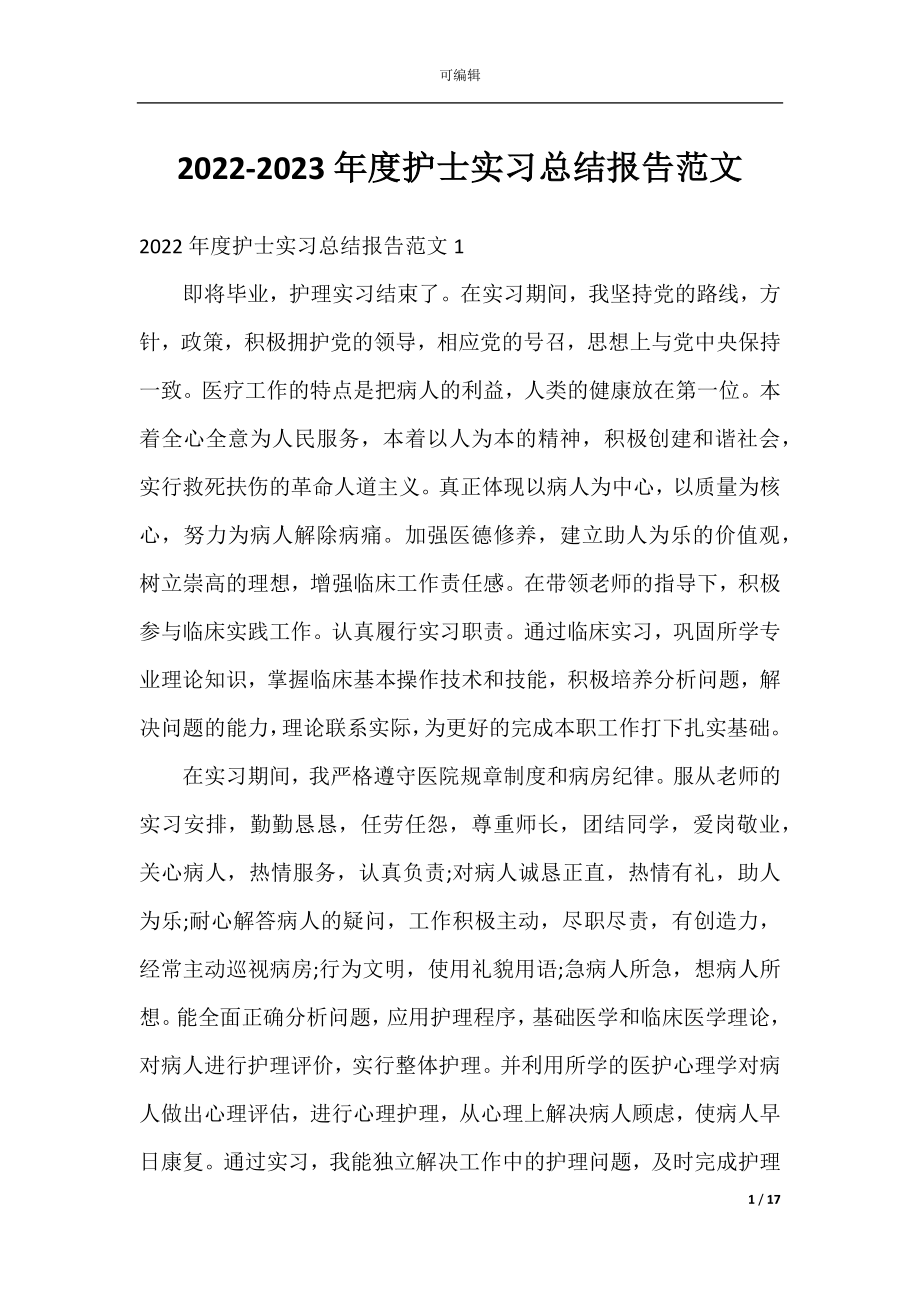 2022-2023年度护士实习总结报告范文.docx_第1页