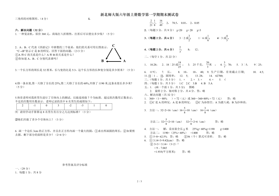 新北师大版六年级上册数学第一学期期末测试卷.doc_第2页