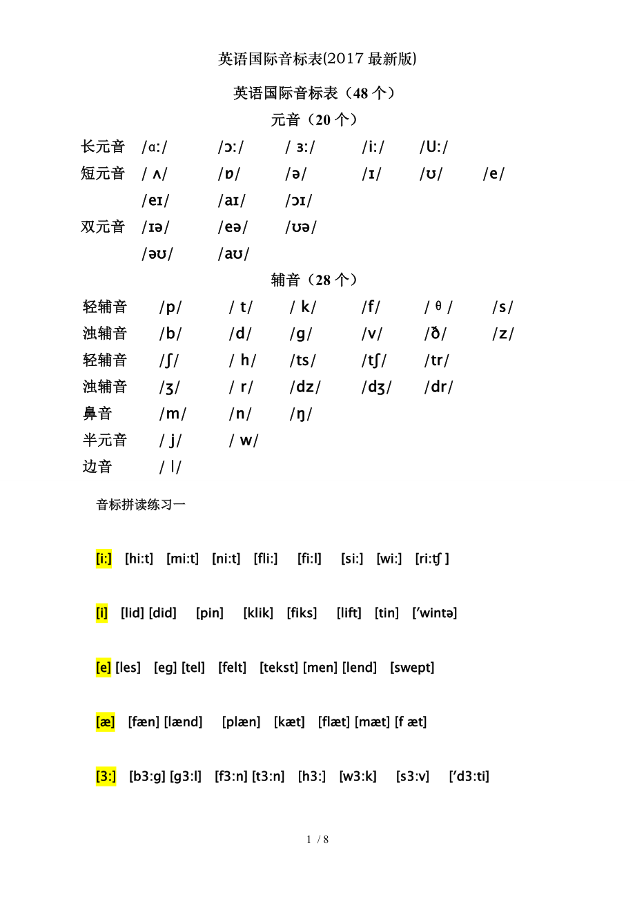 英语国际音标表2017版.doc_第1页