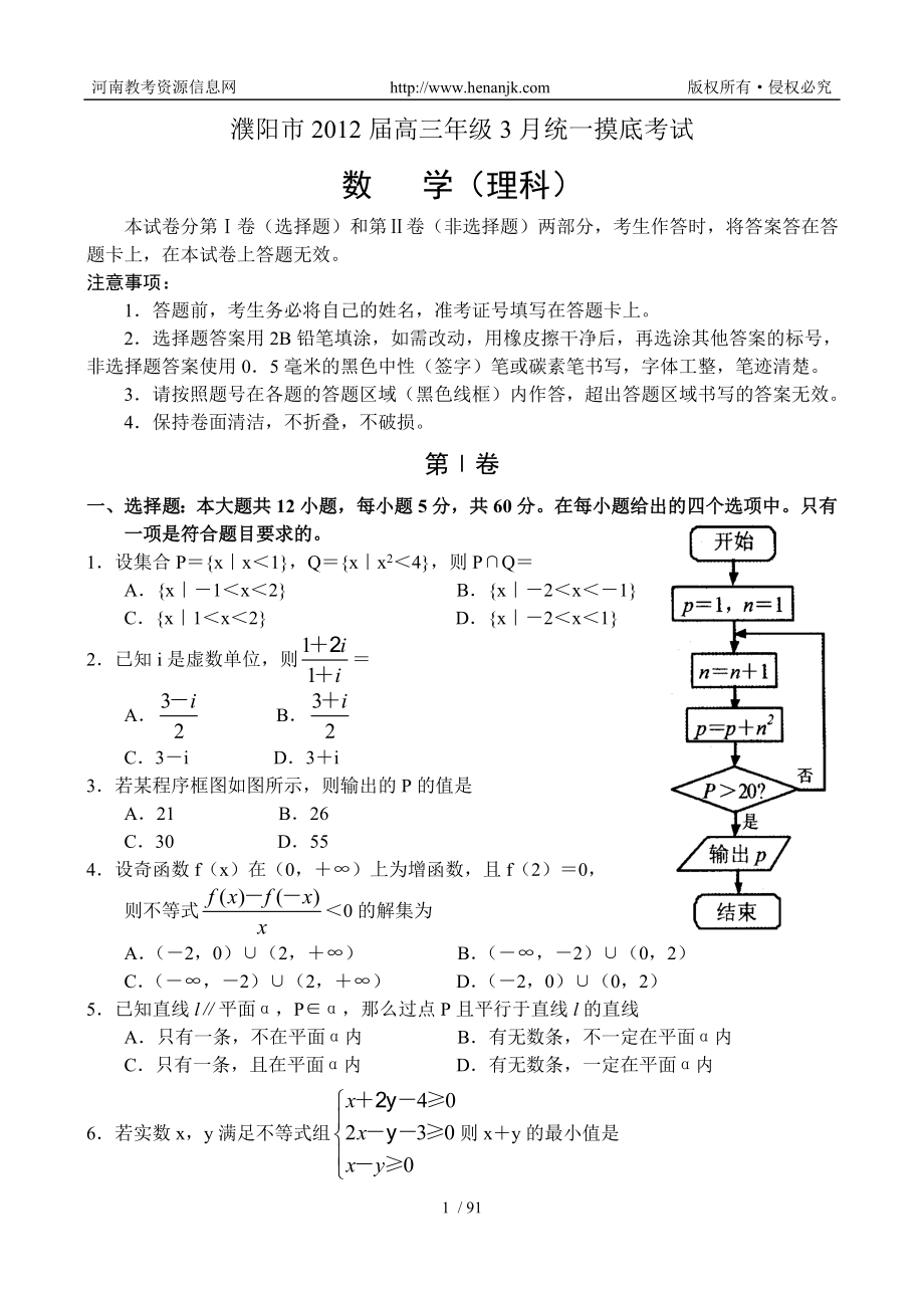 濮阳市2012届高中三年级三月摸底考试数学理.doc_第1页