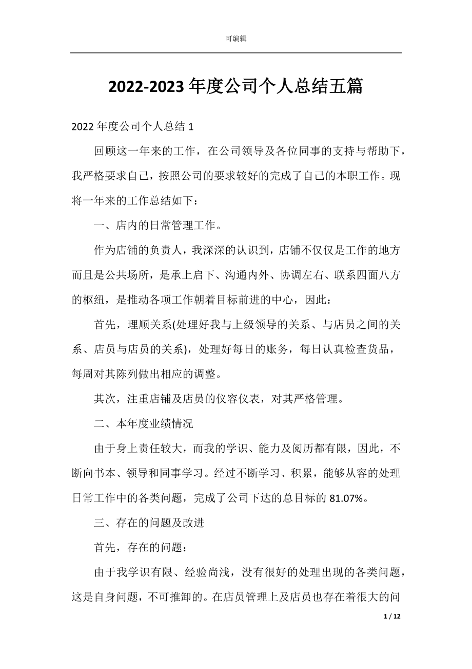 2022-2023年度公司个人总结五篇.docx_第1页